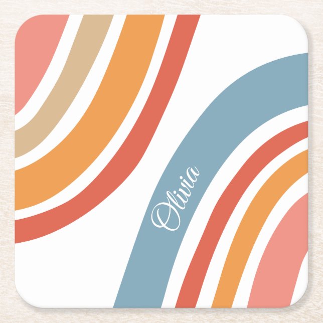 Colourful retro style rainbow design square paper coaster (Front)