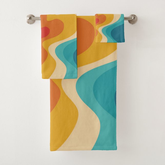 Colourful retro style swirl design bath towel set (Insitu)