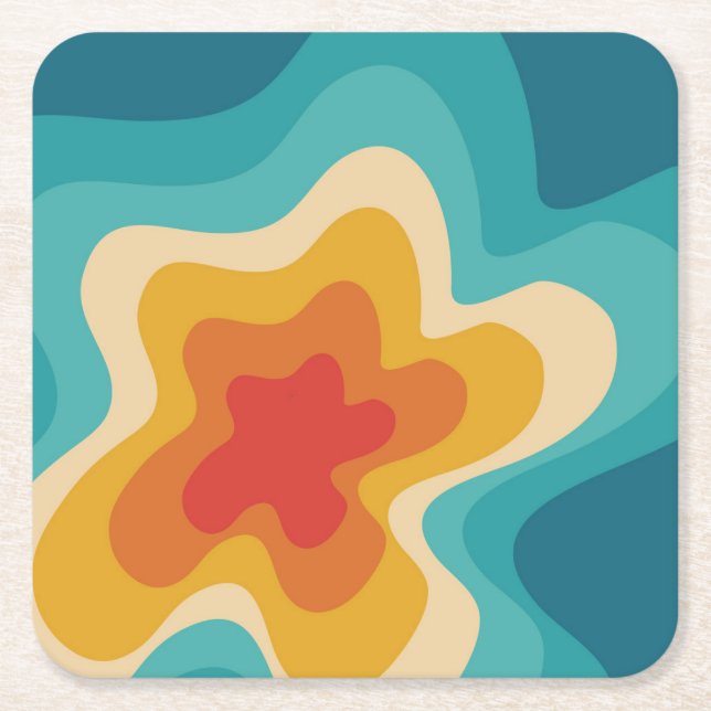 Colourful retro style swirl design square paper coaster (Front)