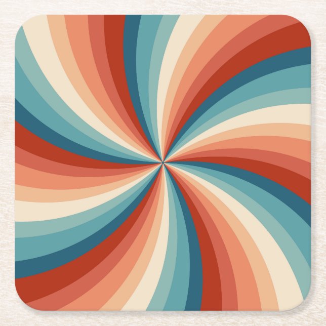 Colourful retro style wavy sun rays square paper coaster (Front)