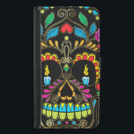Colourful Retro Sugar Skull Glitter Accents Samsung Galaxy S5 Wallet Case<br><div class="desc">Cool colourful retro floral sugar skull glitter texture look with gold tones accents with burning candles for eyes. Black background</div>