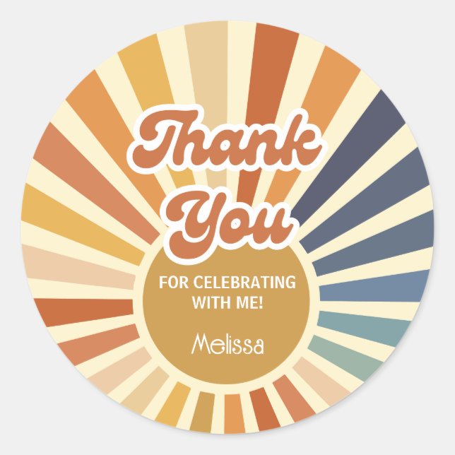 Colourful Retro Sun Groovy Wave Birthday Thank You Classic Round Sticker (Front)