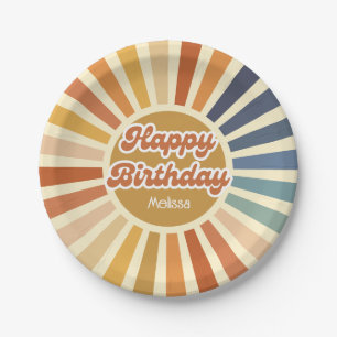 Colourful Retro Sun Groovy Wave Happy Birthday Paper Plate
