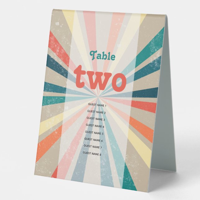 Colourful Retro Sunburst Wedding Table Number (Front)