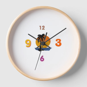Colourful Retro Sunset Beach and Palm Tree Wall Cl Clock