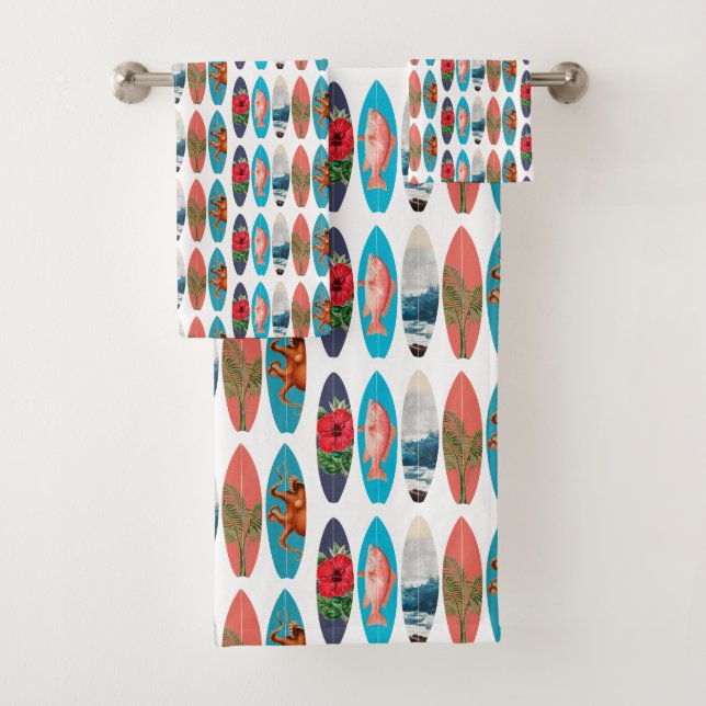 Colourful Retro Surfboards Pattern Bath Towel Set (Insitu)