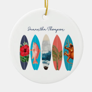 Colourful Retro Surfboards Pattern Custom Name Ceramic Ornament