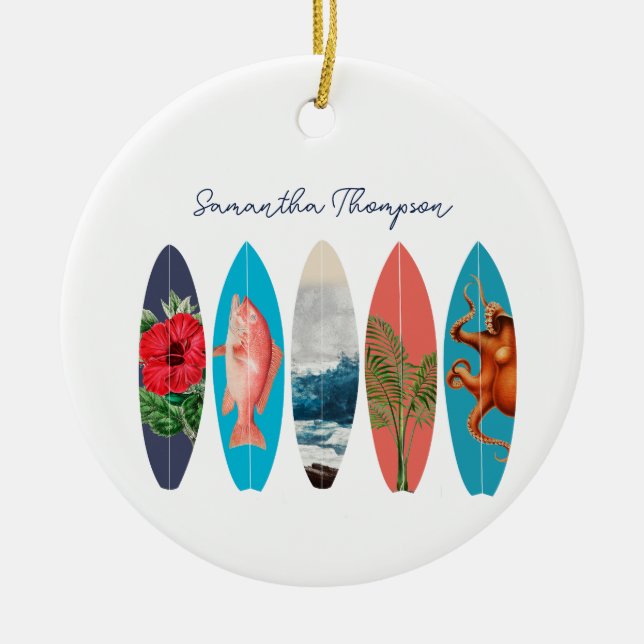 Colourful Retro Surfboards Pattern Custom Name Ceramic Ornament (Front)