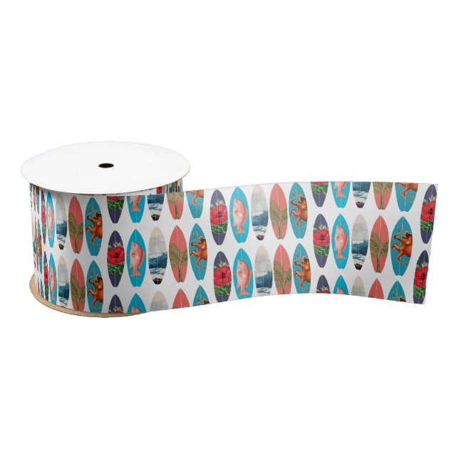 Colourful Retro Surfboards Pattern Satin Ribbon (Spool)