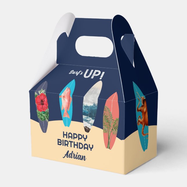 Colourful Retro Surfboards Surfs Up Birthday Party Favour Box (Front Side)