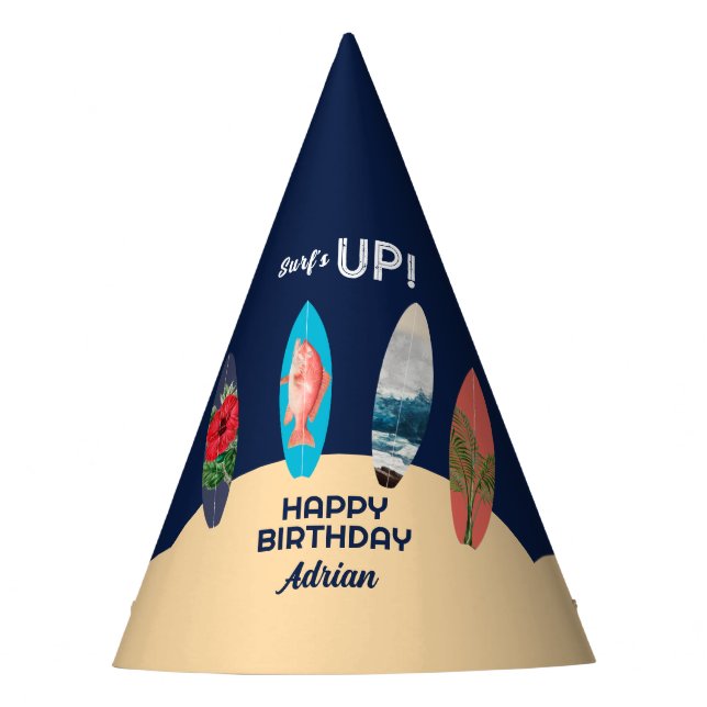 Colourful Retro Surfboards Surfs Up Birthday Party Party Hat (Front)