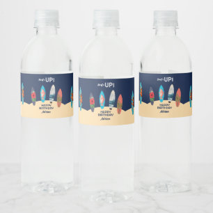 Colourful Retro Surfboards Surfs Up Birthday Party Water Bottle Label