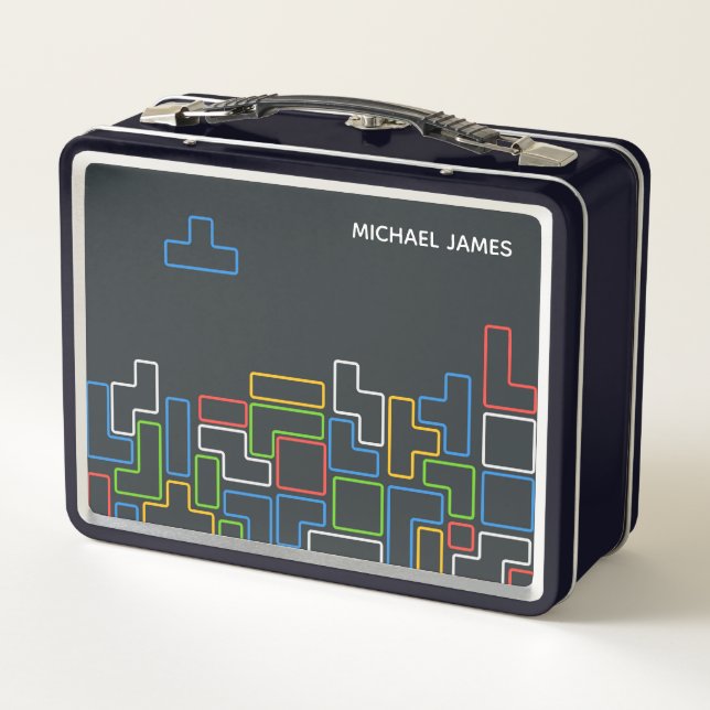 Colourful Retro Video Game Gamer Personalised Name Metal Lunch Box (Back)