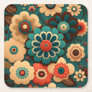 Colourful retro vintage flowers square paper coaster