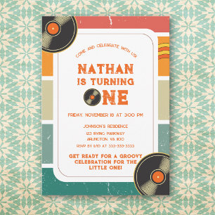 Colourful Retro Vinyl 1st Kids Birthday Groovy Invitation