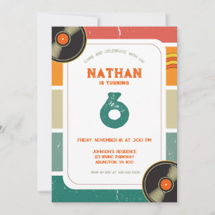 Colourful Retro Vinyl 6th Kids Birthday Groovy Invitation