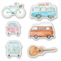 Colourful Retro Watercolor Van Bicycle Guitar
