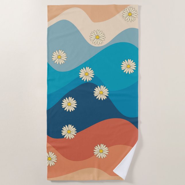 Colourful Retro Waves & Daisies Pattern Beach Towel (Front)