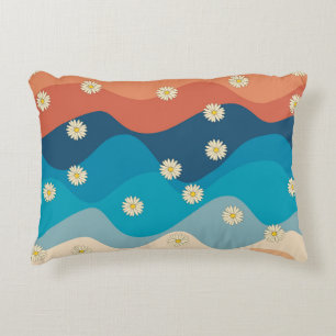 Colourful Retro Waves & Daisies Pattern Decorative Cushion