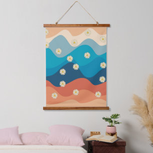 Colourful Retro Waves & Daisies Pattern  Hanging Tapestry