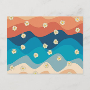 Colourful Retro Waves & Daisies Pattern Holiday Postcard