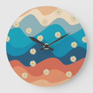 Colourful Retro Waves & Daisies Pattern  Large Clock