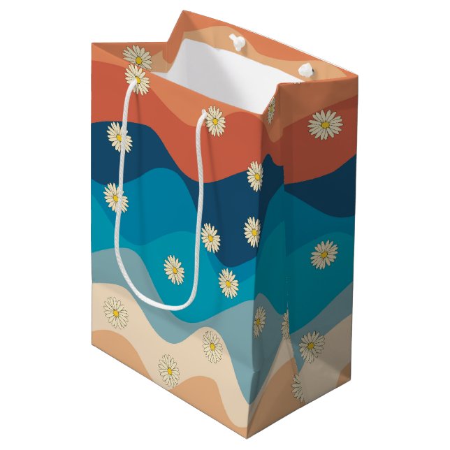Colourful Retro Waves & Daisies Pattern Medium Gift Bag (Front Angled)