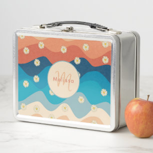 Colourful Retro Waves & Daisies Pattern Monogram Metal Lunch Box