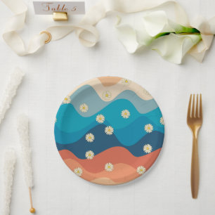 Colourful Retro Waves & Daisies Pattern  Paper Plate