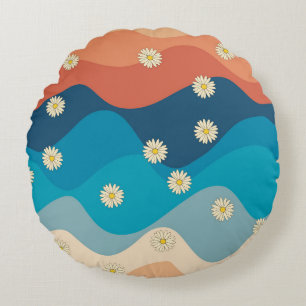 Colourful Retro Waves & Daisies Pattern Round Cushion