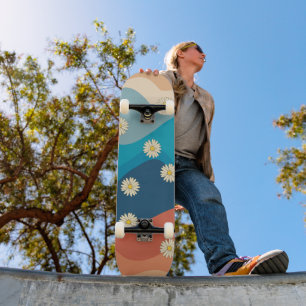 Colourful Retro Waves & Daisies Pattern Skateboard