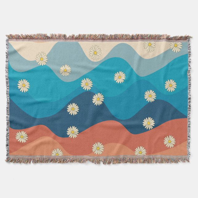 Colourful Retro Waves & Daisies Pattern  Throw Blanket (Front)