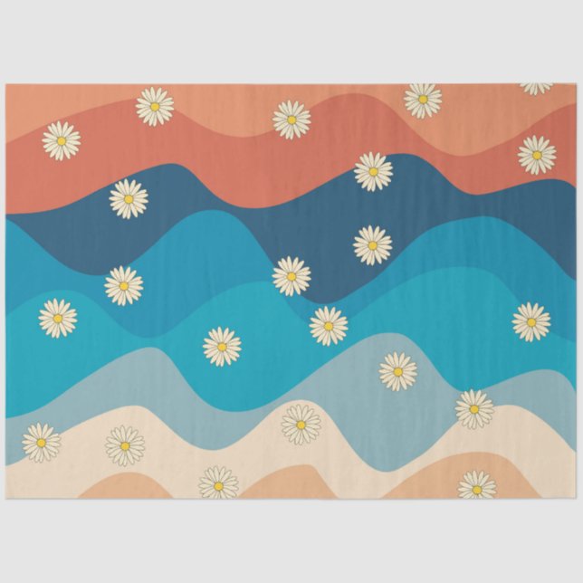 Colourful Retro Waves & Daisies Pattern  Tissue Paper (Front)