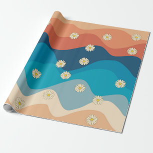 Colourful Retro Waves & Daisies Pattern  Wrapping Paper