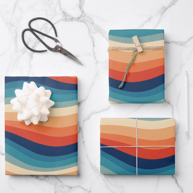 Colourful Retro Waves Vintage Wrapping Paper Sheet (Front)