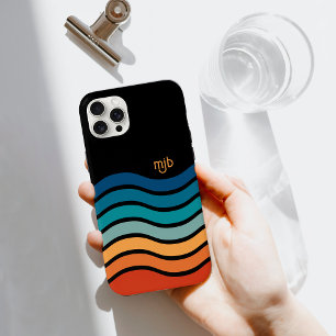 Colourful Retro Wavy Stripes Pattern with Monogram iPhone 15 Mini Case