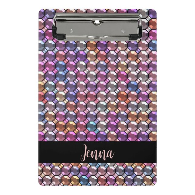 Colourful Rhinestone with custom name Mini Clipboard (Front)