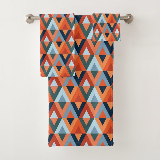 Colourful rhombuses and triangles pattern bath towel set (Insitu)