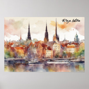 Colourful Riga Latvia Baltic Watercolor  Poster