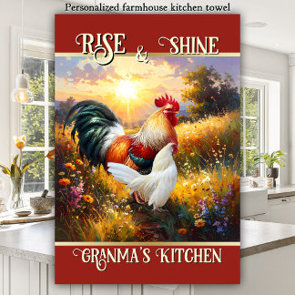 Colourful Rise and Shine Rooster Kitchen Towel