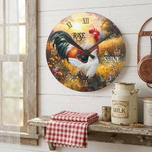 Colourful Rise and Shine Rooster Round Clock