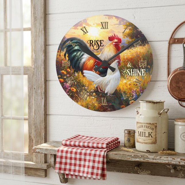 Colourful Rise and Shine Rooster Round Clock (Rise and shine wall clock featuring a colorful painting of two roosters at sunrise)