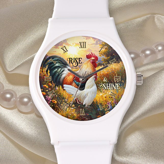 Colourful Rise and Shine Rooster Watch (Rise and shine watch featuring a colorful painting of two roosters at sunrise)