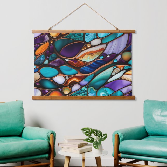 Colourful River Rock Pebbles in Stained Glass Look Hanging Tapestry (Living Room)