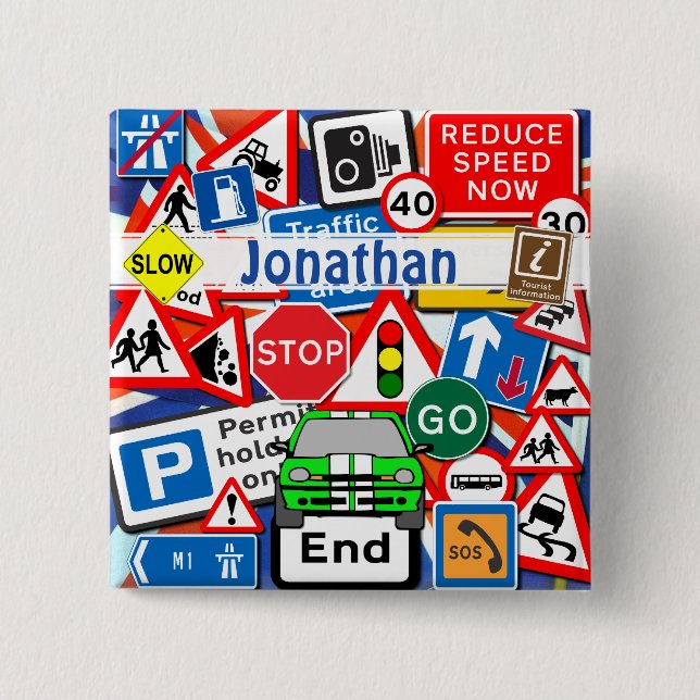 Colourful Road Signs, and Automobile, Custom Name 15 Cm Square Badge (Front)