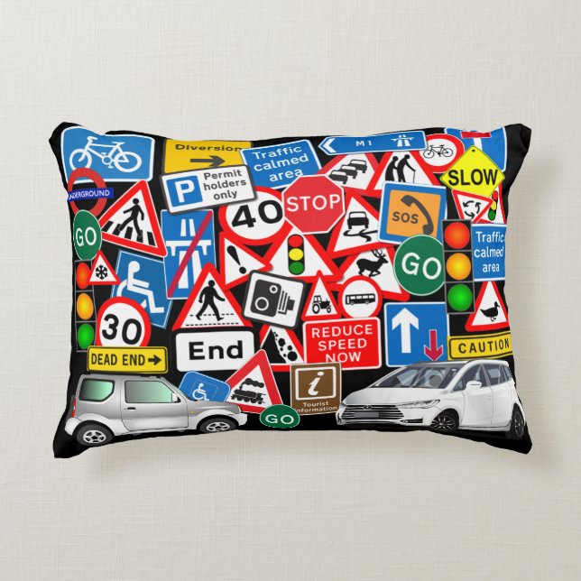 Colourful Road Signs and Cars Decorative Cushion (Front)