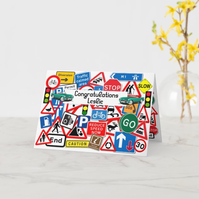 Colourful Road Signs Passed Driving Test Congrats Card (Yellow Flower)