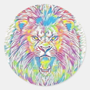 Colourful Roaring Lion Pastel Rainbow Classic Round Sticker