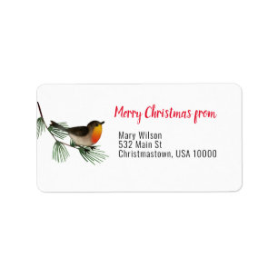 Colourful Robin on Pine Branch, Christmas Label