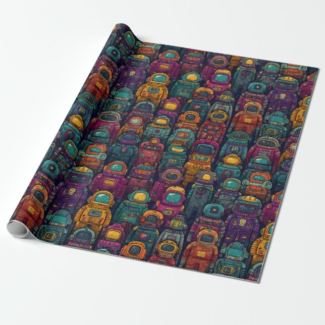 Colourful Robot Lineup Retro Wrapping Paper (Unrolled)